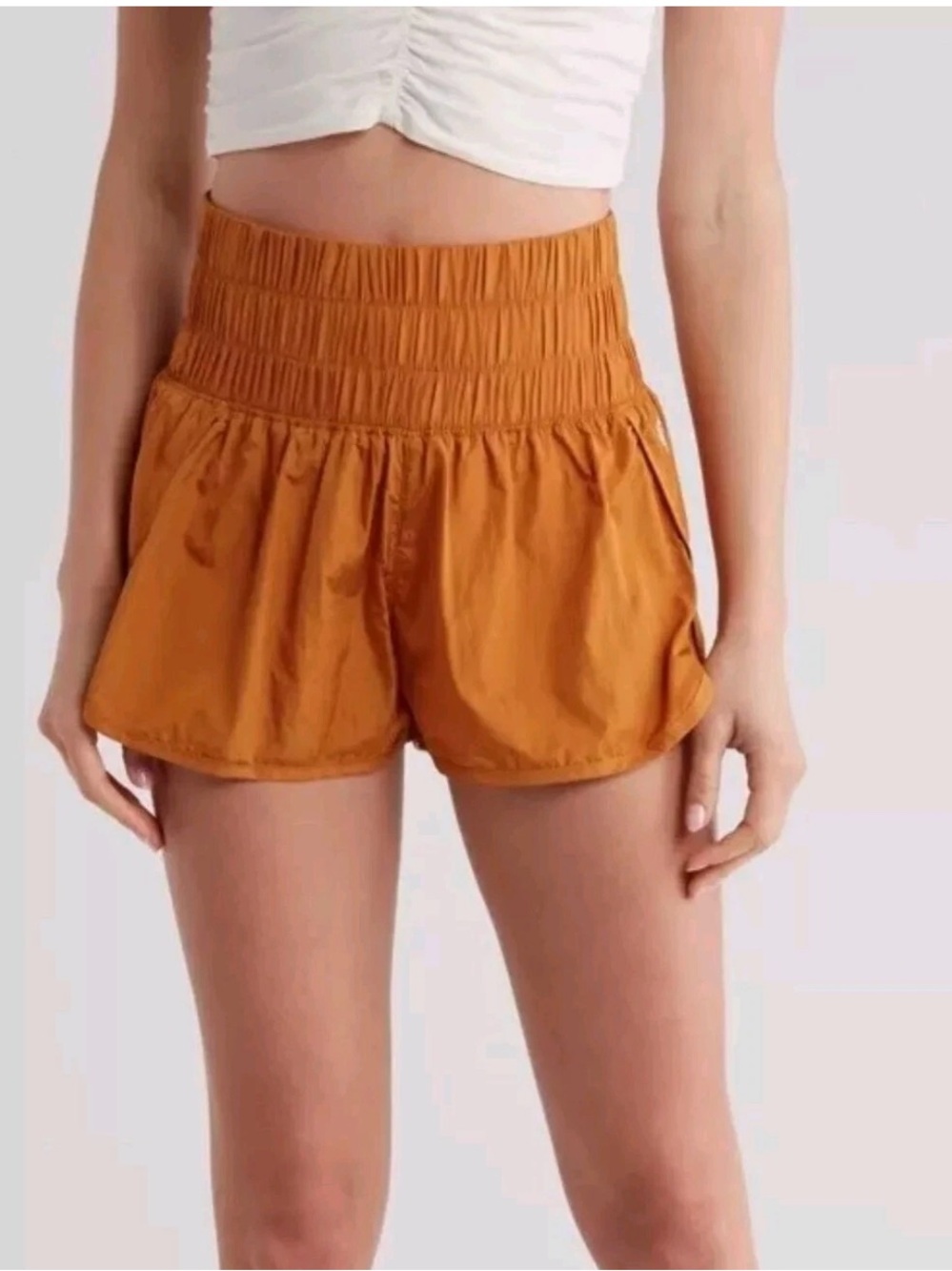 FP Movement by Free People High-Waist Smocked Shorts - Rust Orange